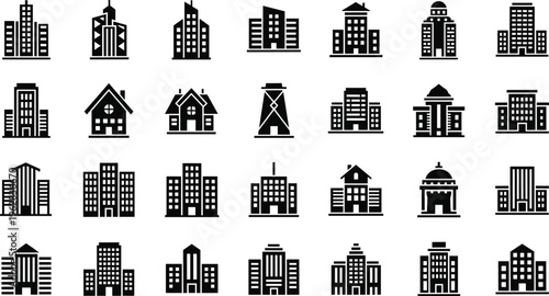 Set of house vector icons with various architectural styles including suburban homes cottages and residential buildings for real estate and construction