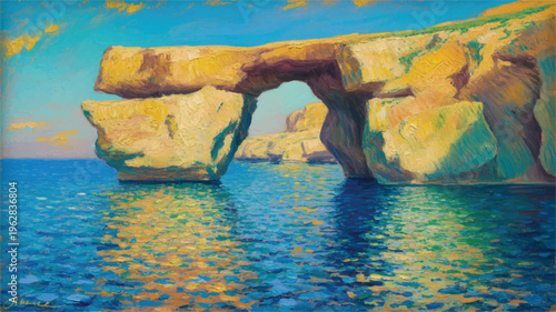 Natural sea arch in rocky coastline with calm blue water and clear sky