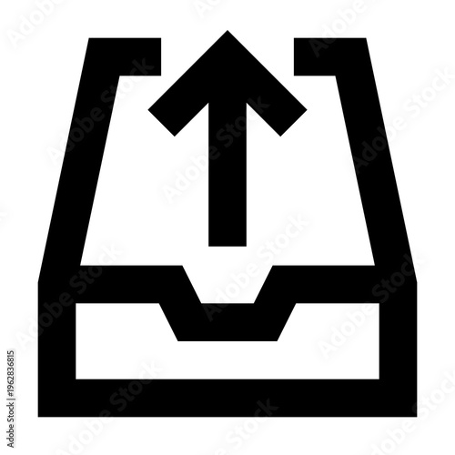 Outbox icon with sharp bold line style featuring arrow up from tray. Perfect for apps, websites, dashboards, and UI. Clean minimal black outline for uploads, sending messages, and transfers.