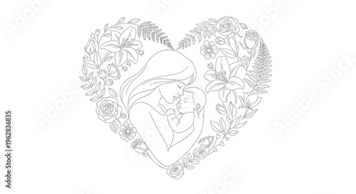 Beautiful black and white line art illustration depicting a mother lovingly holding her peacefully sleeping newborn baby surrounded by delicate floral elements.