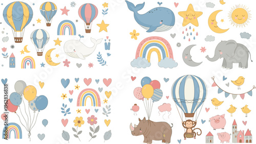 Cute Baby Animals, Balloons, and Rainbows Set with Hot Air Balloons, Clouds, and Stars for Nursery Designs and Children's Illustrations