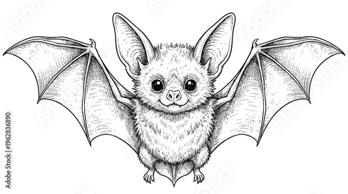 Cute cartoon bat with big ears and wings spread wide on white background