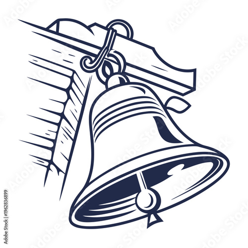 Vintage style bell hanging on a wooden post illustration for rustic decor and historical themes