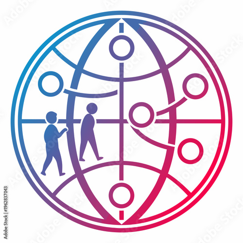 Abstract globe illustration with walking human silhouettes and circular nodes connected by lines showing global movement and demographic networks