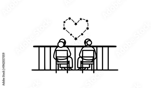 Senior couple sitting on balcony watching heart constellation black and white line art vector illustration