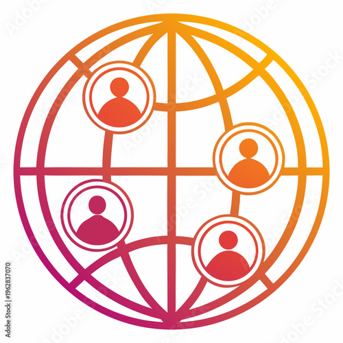 Global network of four anonymous individuals connected across a globe grid representing international communication and unity