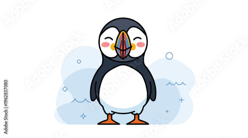 Cute cartoon puffin with colorful beak and rosy cheeks standing on white background with blue wave design
