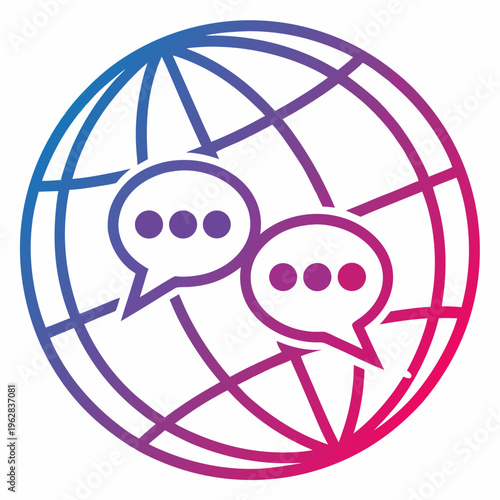 Global communication concept with two speech bubbles indicating worldwide discussion and interaction on a globe grid