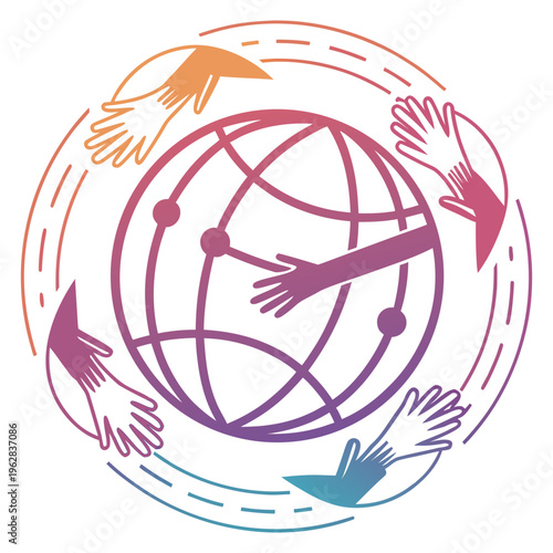 Conceptual illustration of reaching hands surrounding a connected world globe with dashed circular lines symbolizing global aid and human support