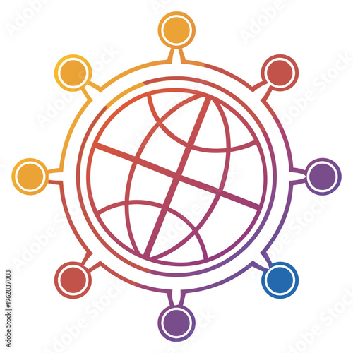 Global network icon with a world globe at its center surrounded by multiple connected points, representing worldwide collaboration
