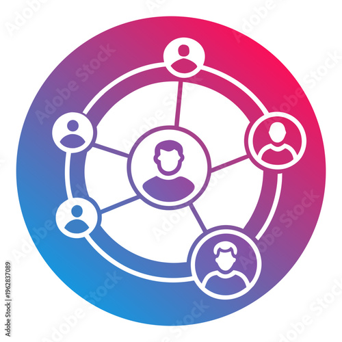 Social network icon showing central user connected to four surrounding individuals in a circular arrangement, representing teamwork