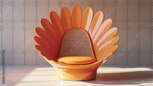 Orange flower shaped chair with wicker backrest in modern room