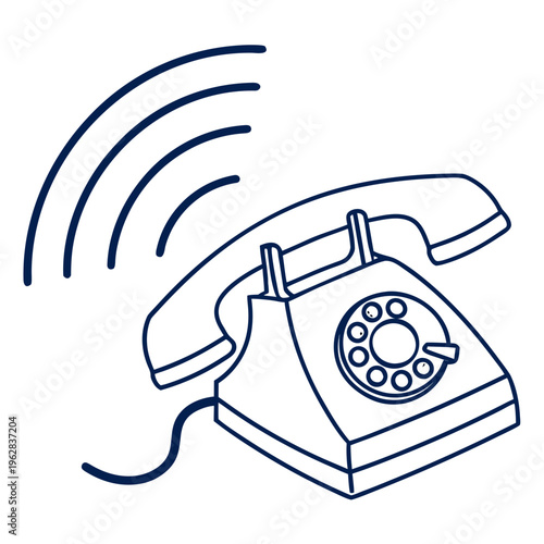 Vintage rotary dial telephone with receiver off hook, sending out sound waves, hand drawn style, classic communication device symbol, isolated on white background