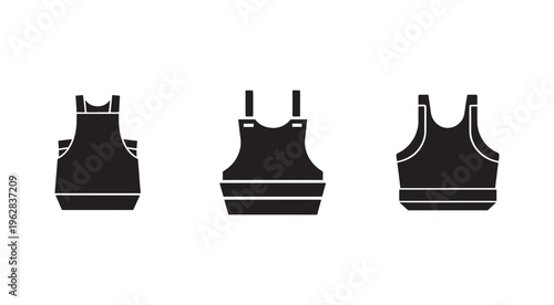 Three black aprons with white stripes and straps on white background  front and back views  isolated apron silhouettes
