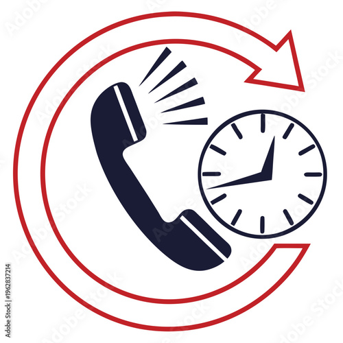 Conceptual illustration of 24/7 customer service with ringing phone icon and round clock symbolizes constant availability and dedicated support, representing time efficiency