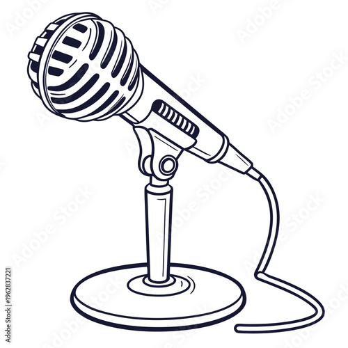 Sketch of vintage microphone on stand, retro audio recording equipment, professional broadcast microphone in outline drawing style, classic music or speech tool