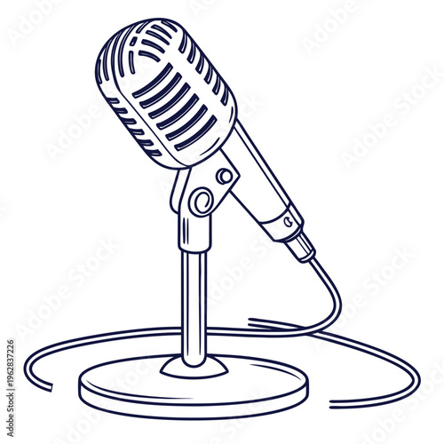 Dynamic vintage microphone with cable line art vector illustration classic recording studio equipment sketch radio broadcasting gear hand drawn