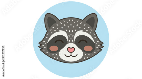 Cute cartoon raccoon face with heart nose smiling on blue circle background
