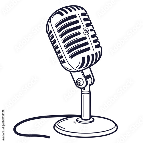Professional retro microphone on stand line drawing vintage audio gear vector illustration for podcast studio and radio broadcasting equipment