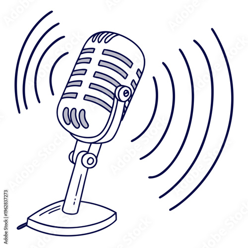 Vintage microphone with sound waves outline, classic broadcast equipment sending out audio signals, simple line art illustration