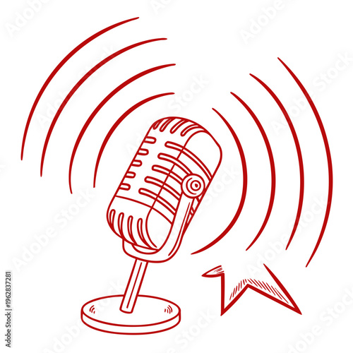 Vintage microphone with radiating sound waves symbolizing broadcasting or podcasting audio signal transmission and live broadcast