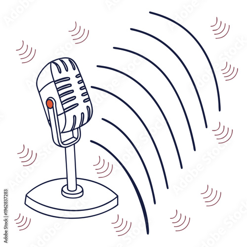 Retro microphone with sound waves, vintage broadcast mic emitting acoustic signals, outline illustration for music and media