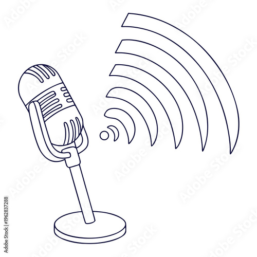 Outline of a retro microphone with sound waves, vintage mic broadcasting or podcasting, simple line art audio recording equipment