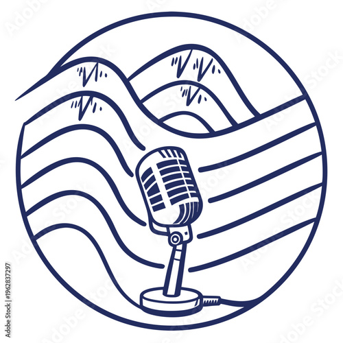 Vintage microphone in circle with mountain landscape background, representing podcast about nature or outdoor adventures
