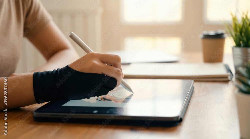 Fototapeta premium young Asian entrepreneur authentic workspace concept. Person using a stylus on a tablet at a wooden desk