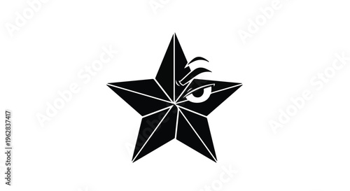 Bold, stylized black star graphic with a watchful, stylized eye integrated into one of its points, representing vigilance, observation, or a guiding mark.
