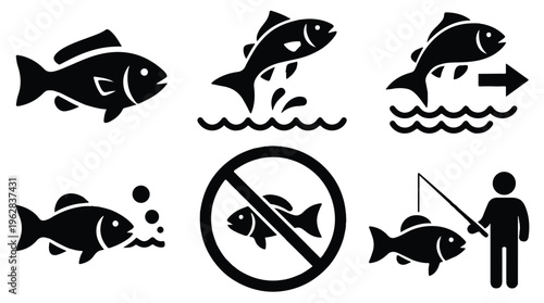 Fish icons with various swimming and fishing actions on white background