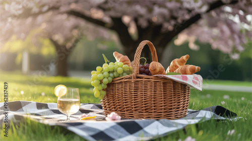 picnic basket with food and wine on blanket in park with trees