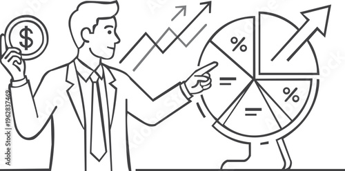 Minimal line art vector illustration of a businessman analyzing a pie chart and holding a coin with dollar symbol