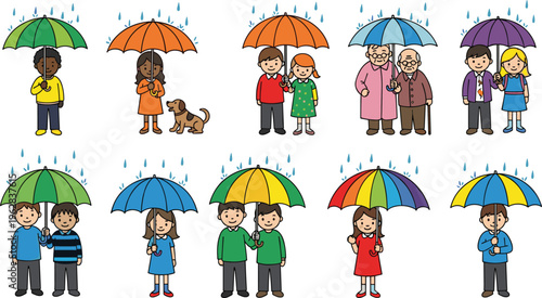 Diverse Characters with Colorful Umbrellas in Rainy Day Poses, Including Kids, Adults, and Dog for Digital Media and Illustrations