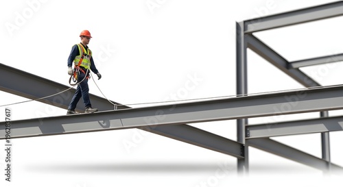 Construction Worker Wearing Safety Harness Walking on Steel Beam at High Altitude