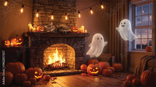 Halloween decorations with pumpkins and ghosts in a cozy living room with a fireplace