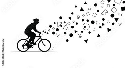 Cyclist silhouette in motion, exhaling a stream of abstract geometric shapes and circles, symbolizing creative freedom and vibrant energy, on a white background with copy space.