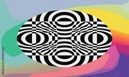 An optical illusion featuring a warped black and white striped oval is set against a vibrant colorful and abstract painted background high quality professional detailed modern