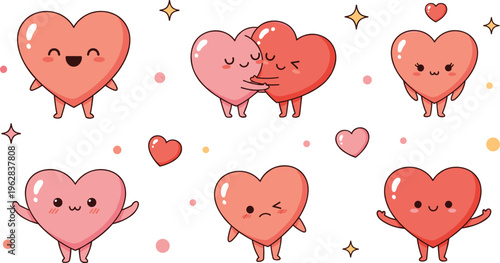 Cute heart characters vector set with love emotions, hugging, smiling and romantic expressions, kawaii valentine illustration collection
