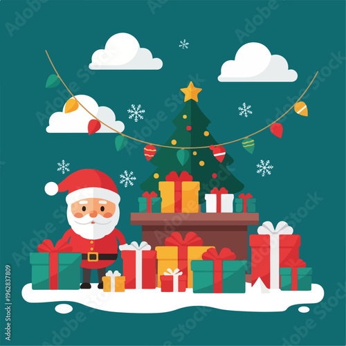 Illustration of Santa Claus, gifts, a Christmas tree, and snowflakes