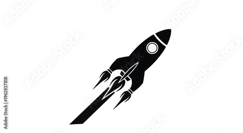 Rocket ship launching into the vast reaches of outer space symbolizes innovation and rapid business growth in this dynamic black and white graphic illustration meant for corporate concepts.