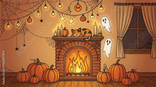 Halloween scene with cat on fireplace and pumpkins  festive interior with ghost and spider web decorations