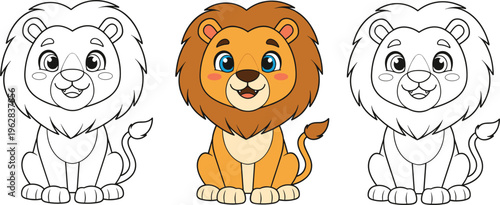 Cute lion coloring page vector set with cartoon animal outline and colored character illustration collection isolated
