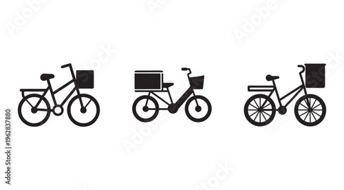 Three black bicycle silhouettes with baskets and boxes on white background for transportation and delivery concepts  bike icons