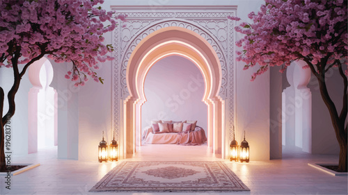 Serene interior of a luxurious room with an ornate archway and cherry blossom trees