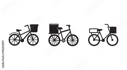 Three black bicycle silhouettes with baskets on white background  bike icons with different basket types