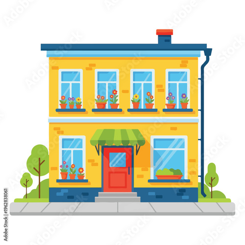 Colorful, two-story house illustration with plants, windows, and a sidewalk