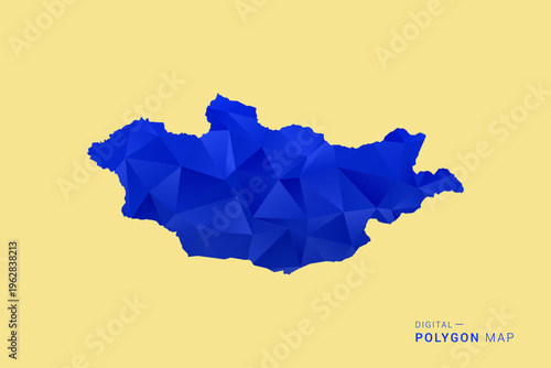 Mongolia Map - Low poly polygon map in deep blue gradient on soft beige background, modern minimal geometric design, clean abstract vector illustration with faceted triangulated style.