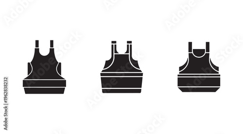 Three black bulletproof vests in different views and positions  front and back perspective  for safety and protection concepts