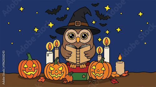 Owl wearing witch hat reads book surrounded by jack o lanterns and candles on Halloween night